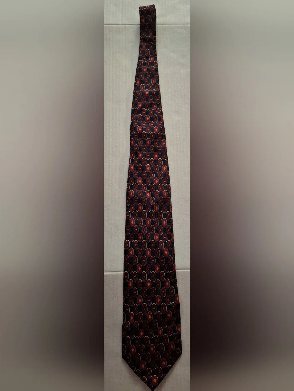 Men's Navy Tie with Red and Gold Medallion Pattern
